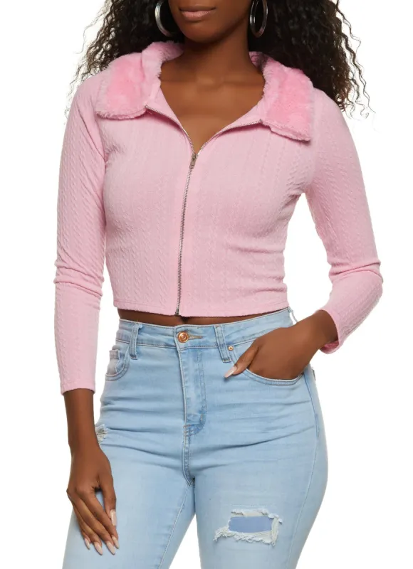 Fur Collar Zip Front Textured Knit Sweater sold by Rainbow
