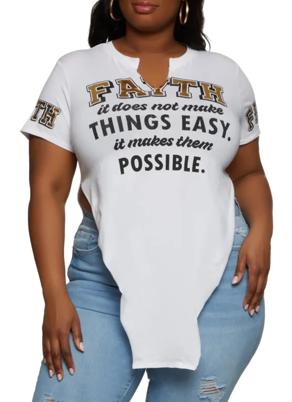 Plus Size Faith Foil Screen Hanky Hem Graphic Tee sold by Rainbow