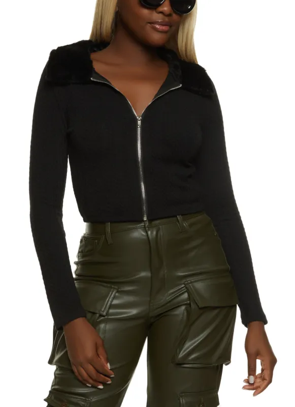 Fur Collar Zip Front Textured Knit Sweater sold by Rainbow