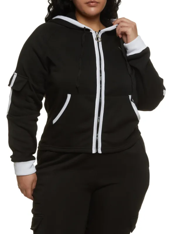 Plus Size Contrast Trim Cargo Pocket Sleeve Zip Front Hoodie sold by Rainbow