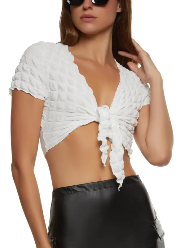 Bubble Knit Tie Front Crop Top sold by Rainbow