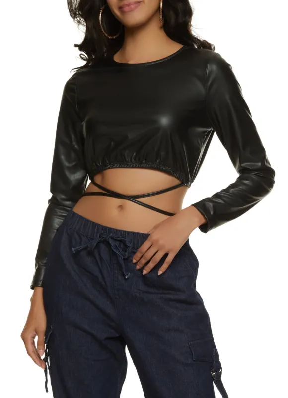Faux Leather Tie Hem Crop Top sold by Rainbow