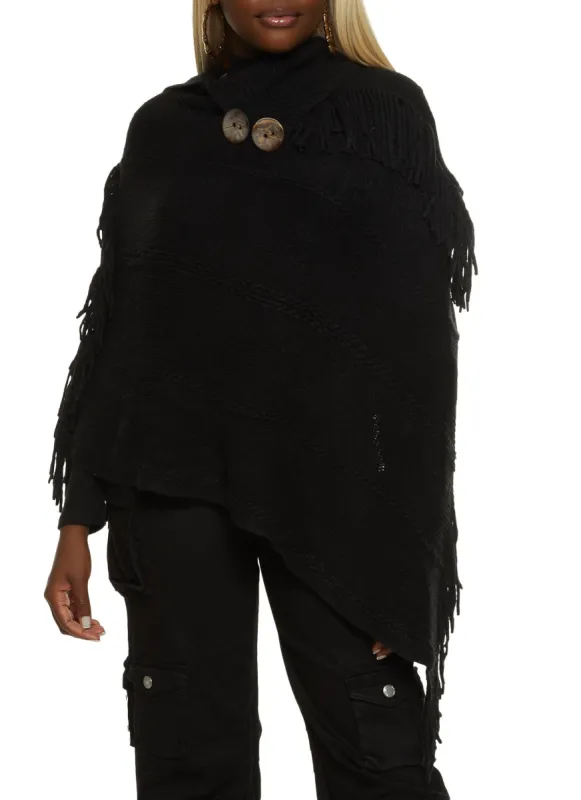 Button Detail Fringe Hem Collared Poncho sold by Rainbow