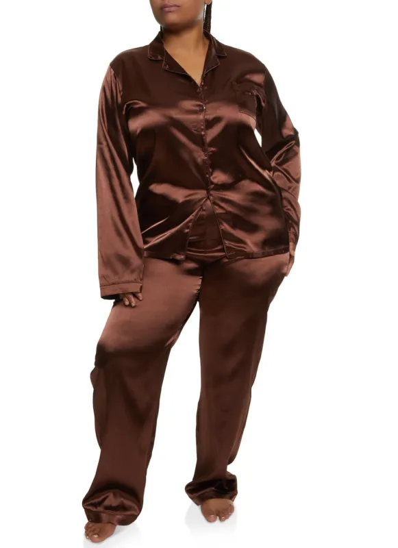 Plus Size Satin Long Sleeve Contrast Trim Pajama Shirt and Pants sold by Rainbow