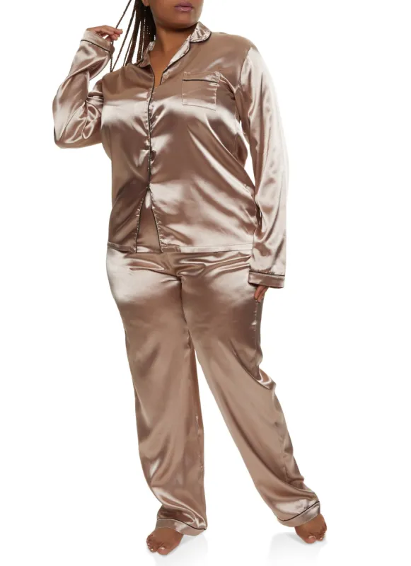 Plus Size Satin Long Sleeve Contrast Trim Pajama Shirt and Pants sold by Rainbow