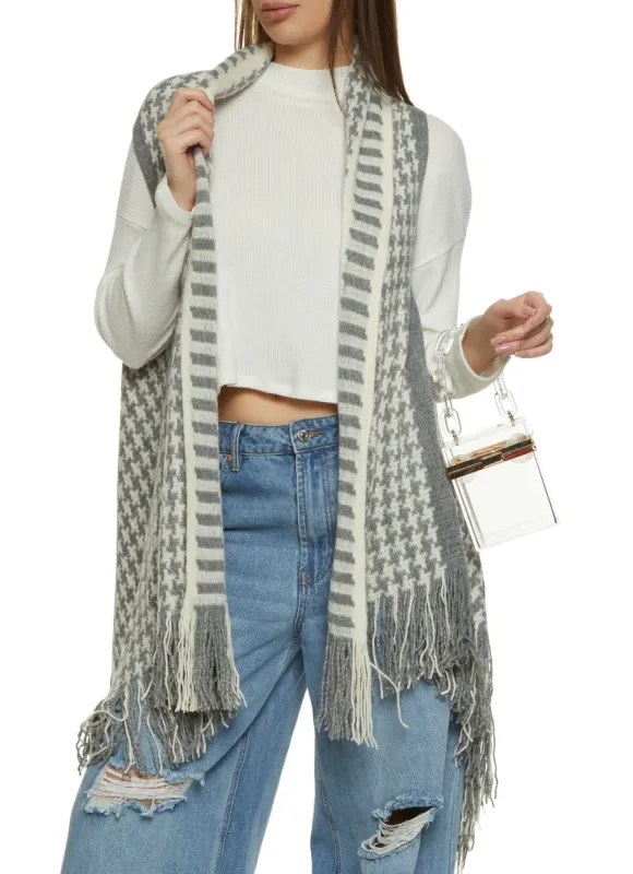 Brushed Knit Houndstooth Fringe Wrap Poncho sold by Rainbow