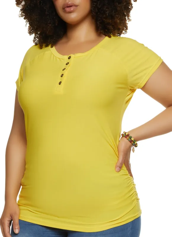 Plus Size Ruched Side Henley Top sold by Rainbow
