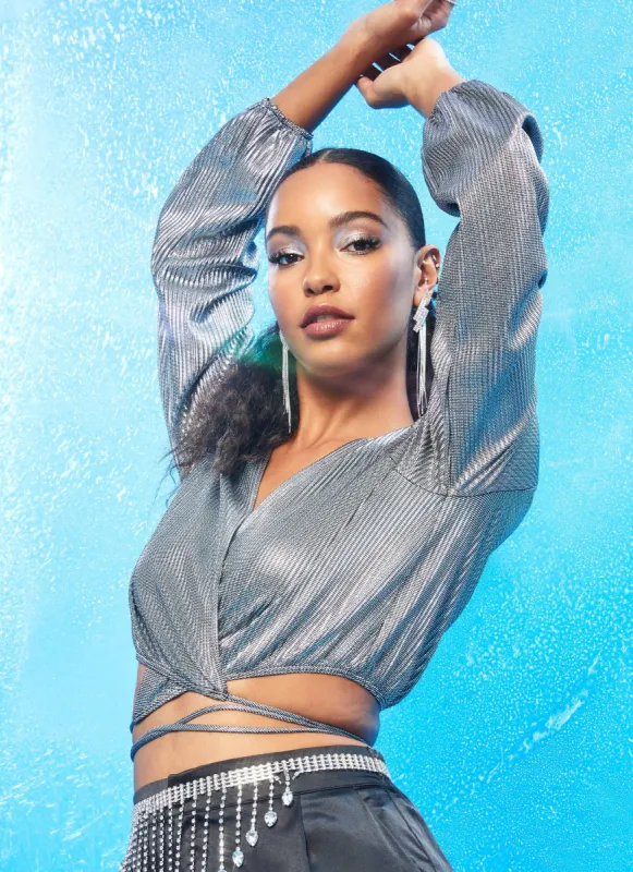 Metallic Foil Pleated Wrap Top sold by Rainbow