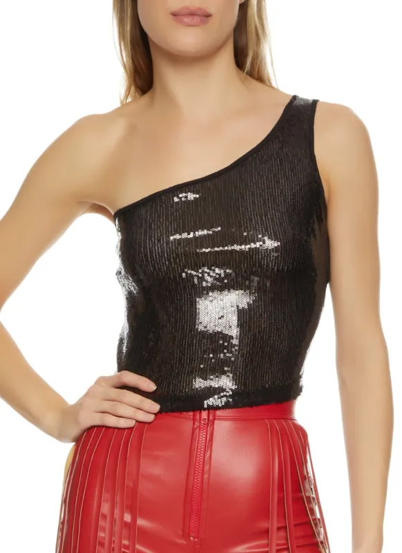 Sequin Mesh Back One Shoulder Crop Top sold by Rainbow