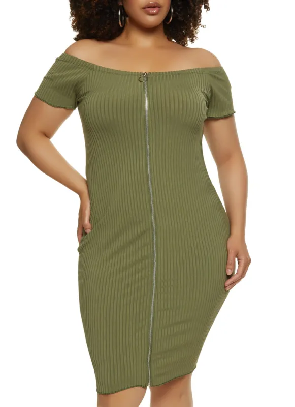 Plus Size Zip Front Off the Shoulder Dress sold by Rainbow