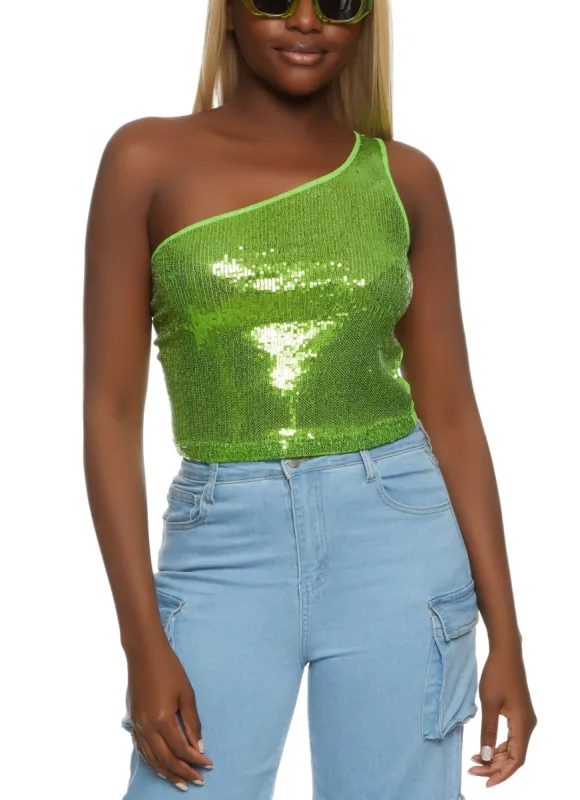Sequin Mesh Back One Shoulder Crop Top sold by Rainbow