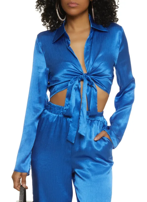 Satin Tie Front Bell Sleeve Cropped Blouse sold by Rainbow