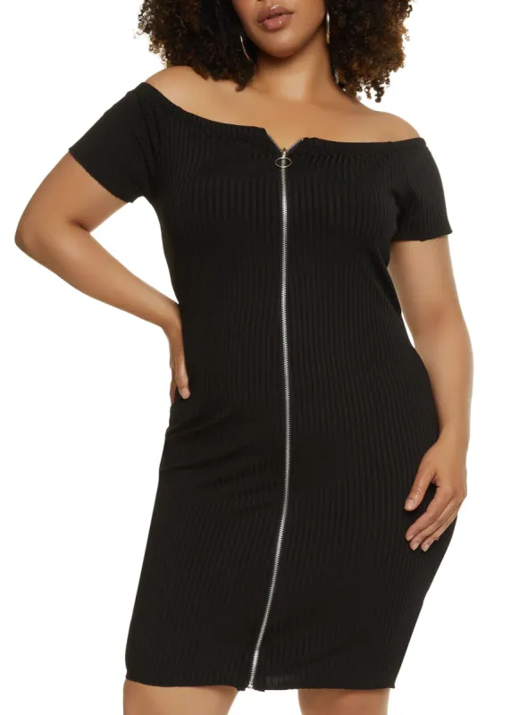Plus Size Zip Front Off the Shoulder Dress sold by Rainbow
