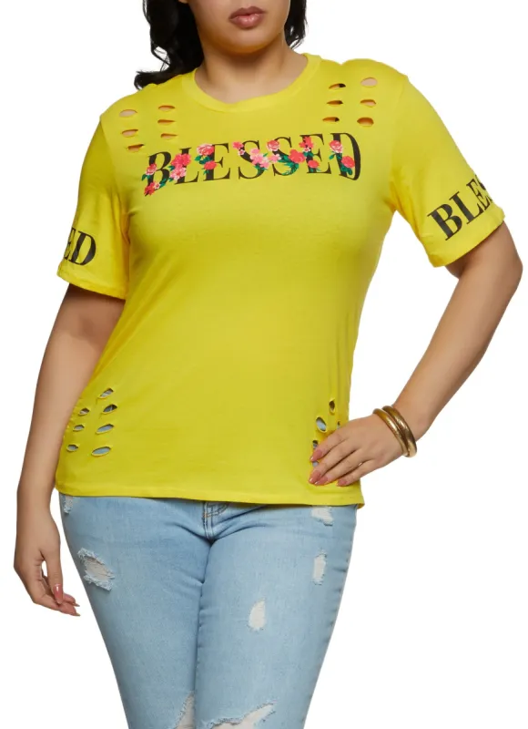 Plus Size Blessed Rose Graphic Laser Cut Tee sold by Rainbow
