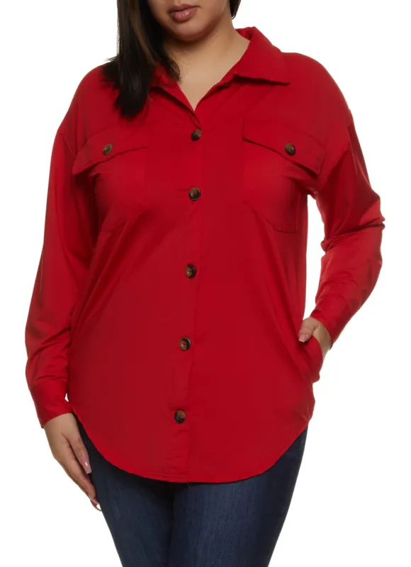 Plus Size Button Front Pocket Tunic Shirt sold by Rainbow