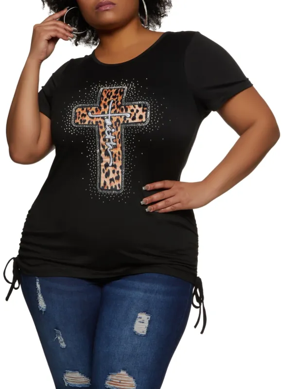 Plus Size Rhinestone Faith Ruched Graphic Tee sold by Rainbow