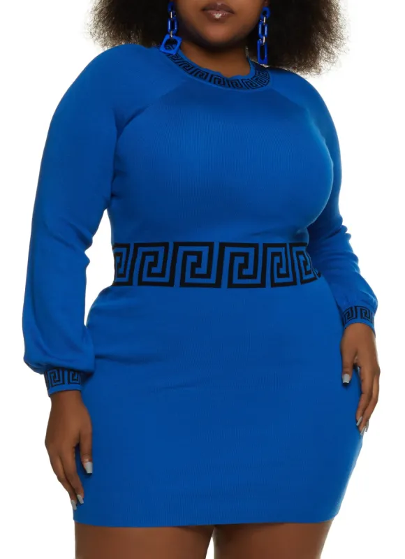 Plus Size Greek Key Trim Mini Sweater Dress made by Rainbow