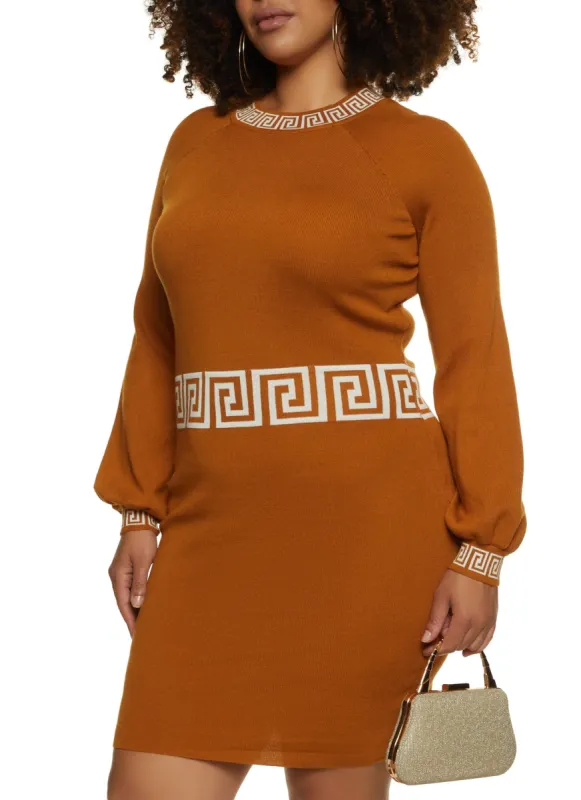 Plus Size Greek Key Trim Mini Sweater Dress sold by Rainbow