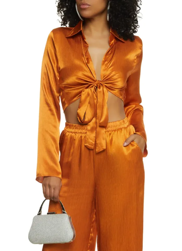 Satin Tie Front Bell Sleeve Cropped Blouse sold by Rainbow