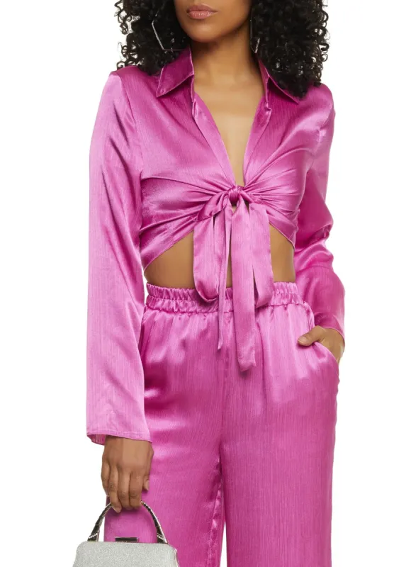 Satin Tie Front Bell Sleeve Cropped Blouse sold by Rainbow