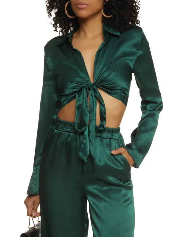 Satin Tie Front Bell Sleeve Cropped Blouse sold by Rainbow
