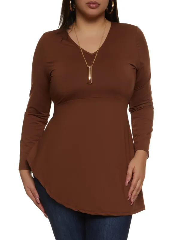 Plus Size Crepe Knit Long Sleeve Peplum Top with Necklace sold by Rainbow