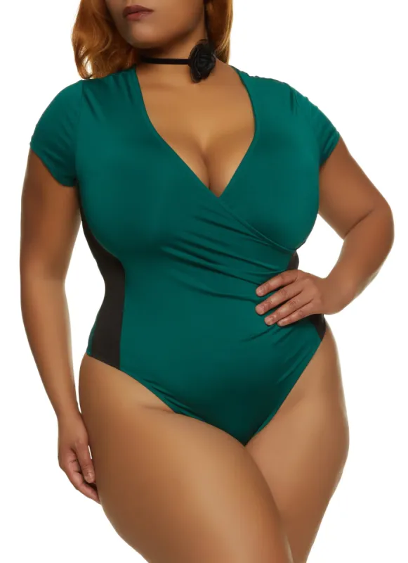 Plus Size Side Stripe Faux Wrap Bodysuit sold by Rainbow
