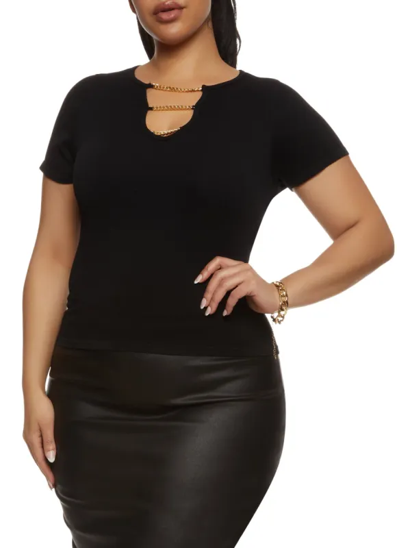 Plus Size Ribbed Chain Caged V Neck Tee sold by Rainbow