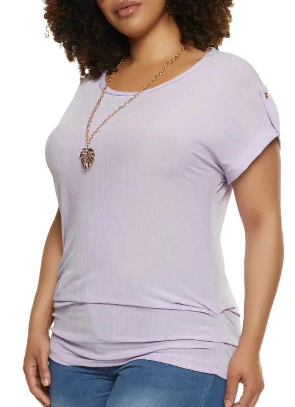 Plus Size Plisse Tabbed Sleeve Top with Necklace sold by Rainbow