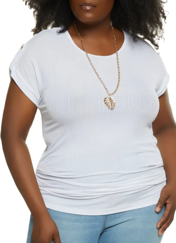 Plus Size Plisse Tabbed Sleeve Top with Necklace sold by Rainbow