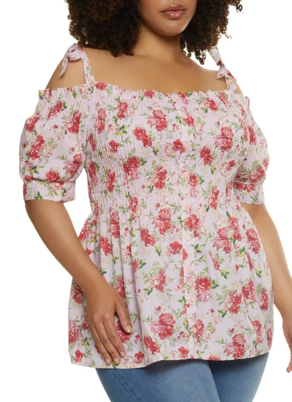Plus Size Floral Smocked Cold Shoulder Top sold by Rainbow