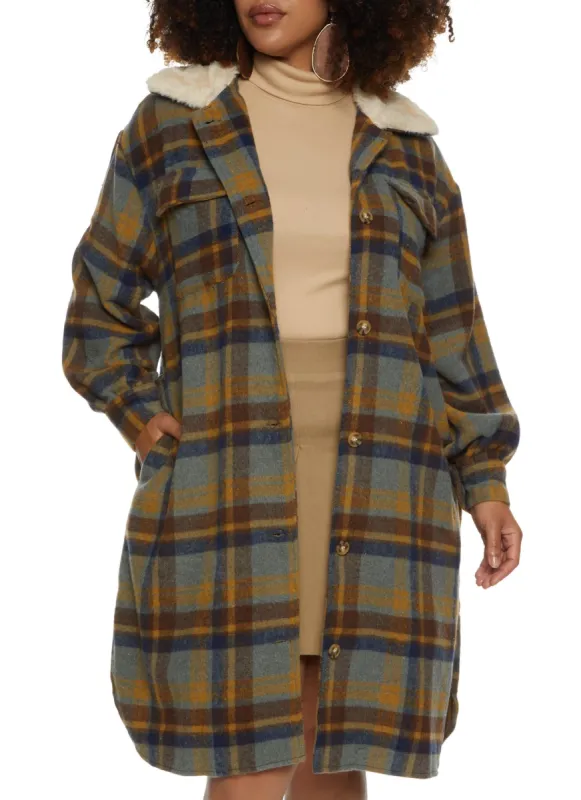 Plus Size Faux Fur Collar Plaid Print Shacket sold by Rainbow