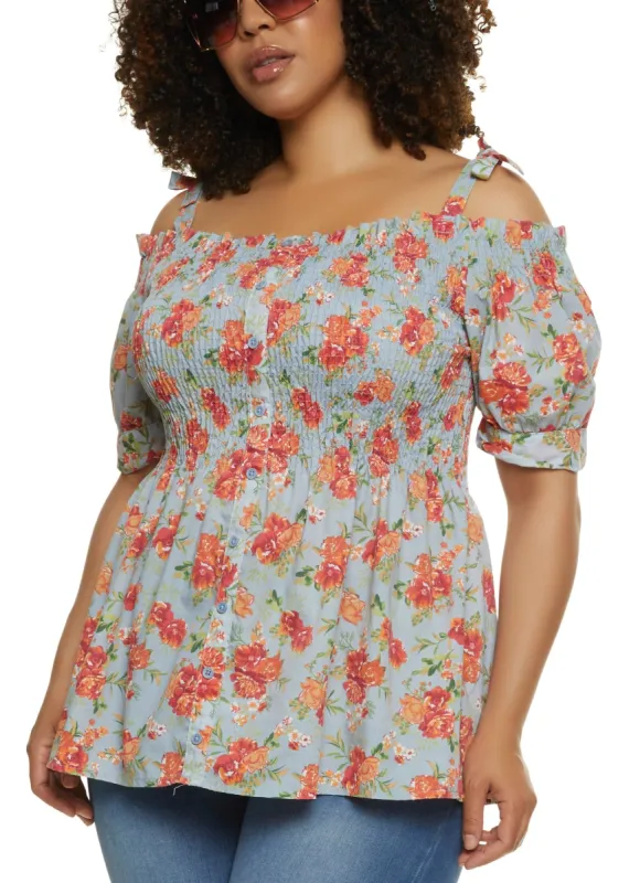Plus Size Floral Smocked Cold Shoulder Top sold by Rainbow