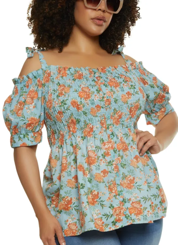 Plus Size Floral Smocked Cold Shoulder Top sold by Rainbow
