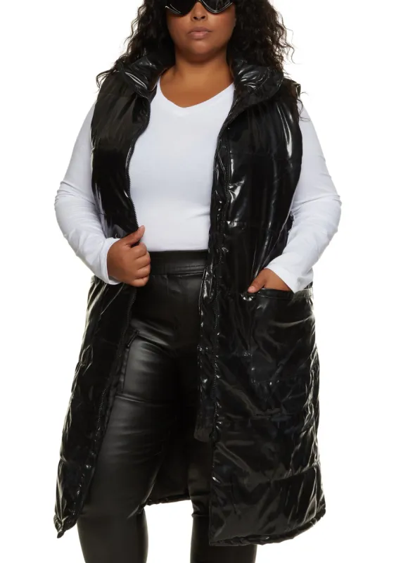 Plus Size Faux Patent Leather Longline Puffer Vest sold by Rainbow