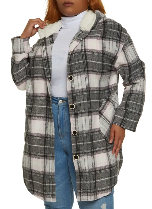 Plus Size Plaid Sherpa Lined Hooded Longline Shacket sold by Rainbow