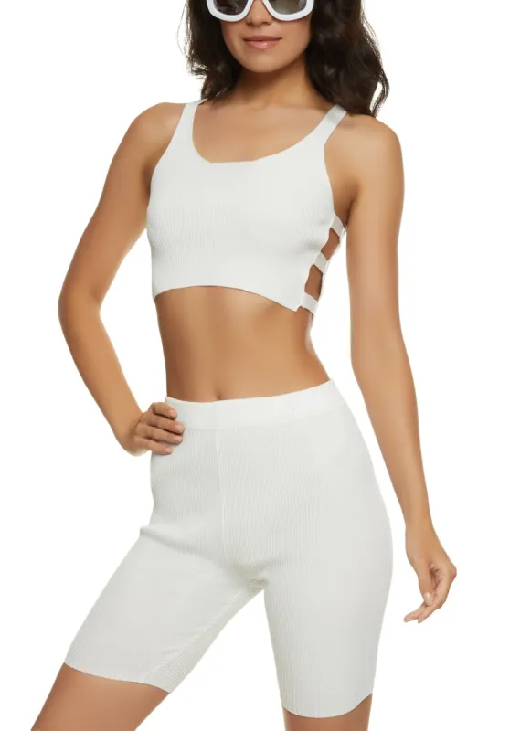 Rib Knit Cut Out Crop Top and Shorts Set sold by Rainbow