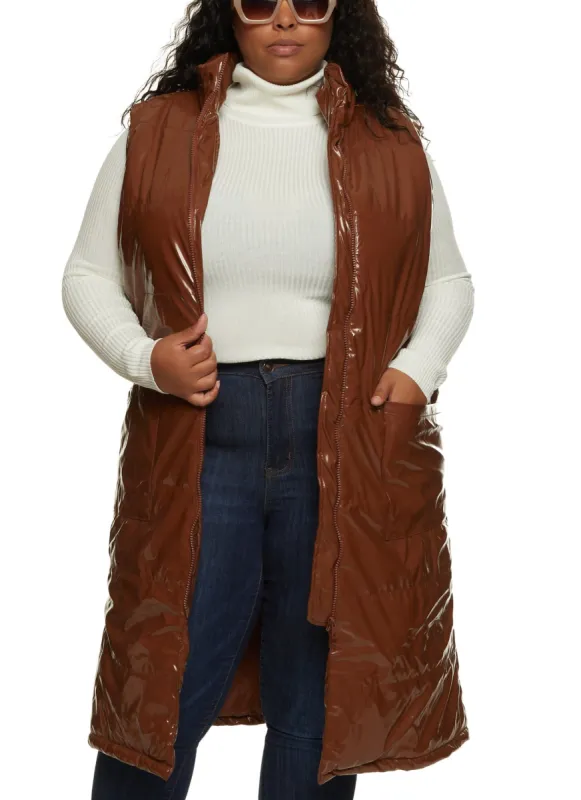 Plus Size Faux Patent Leather Longline Puffer Vest sold by Rainbow