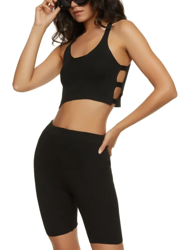Rib Knit Cut Out Crop Top and Shorts Set sold by Rainbow
