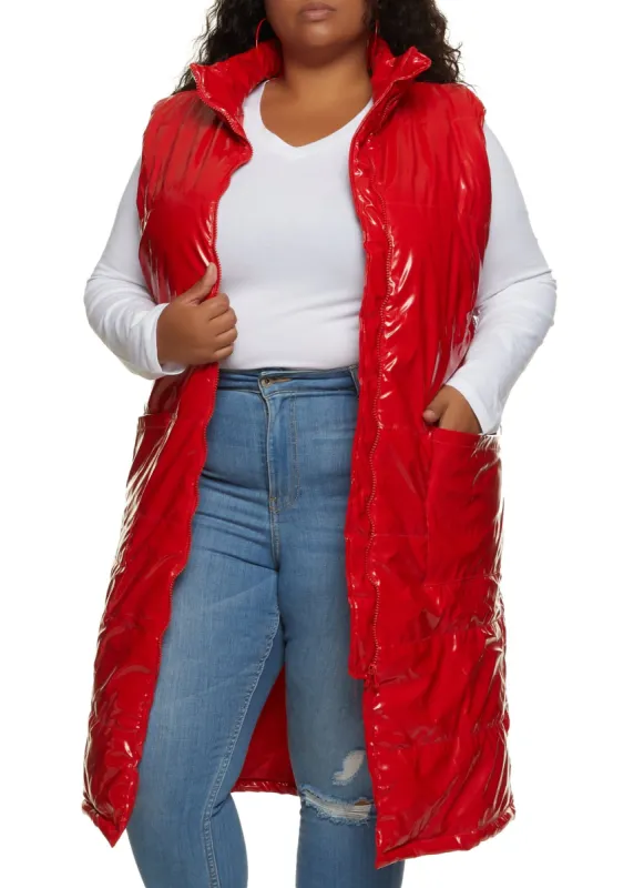 Plus Size Faux Patent Leather Longline Puffer Vest sold by Rainbow