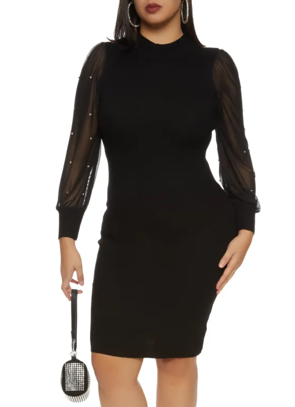 Plus Size Rhinestone Mesh Sleeve Sweater Dress sold by Rainbow