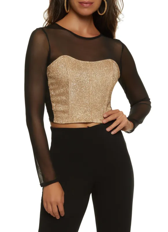 Mesh Long Sleeve Lurex Corset Crop Top sold by Rainbow