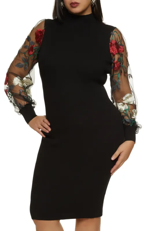 Plus Size Embroidered Sleeve Mock Neck Midi Dress sold by Rainbow