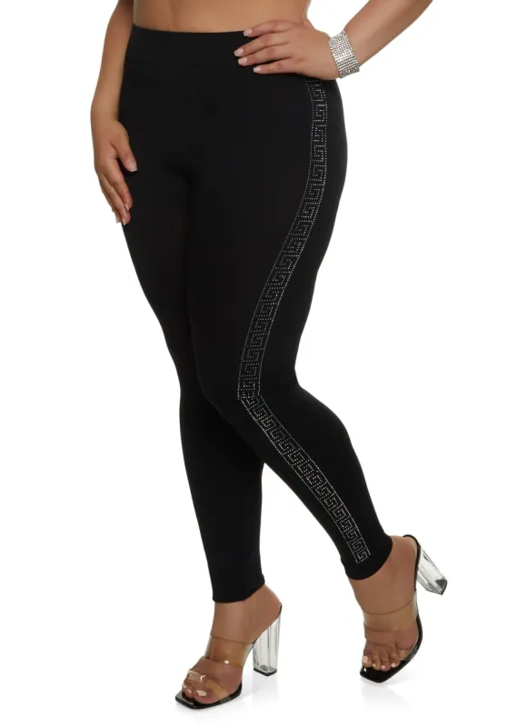 Plus Size Seamless Greek Key Rhinestone Leggings sold by Rainbow