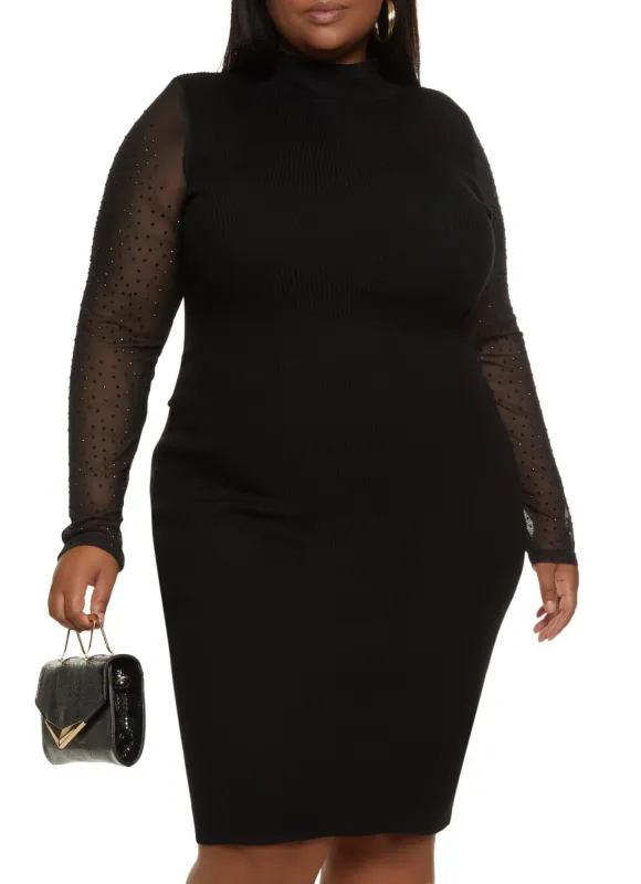 Plus Size Mesh Rhinestone Long Sleeve Midi Dress sold by Rainbow