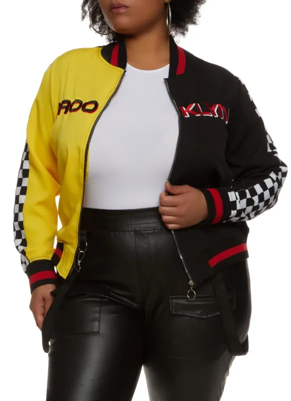 Plus Size Brooklyn Graphic Bomber Jacket sold by Rainbow