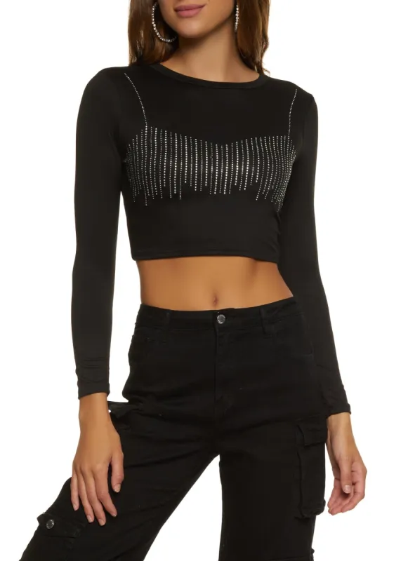 Rhinestone Bralette Detail Long Sleeve Crop Top sold by Rainbow