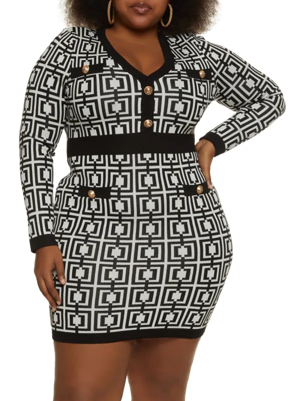 Plus Size Patterned Faux Button Sweater Dress sold by Rainbow