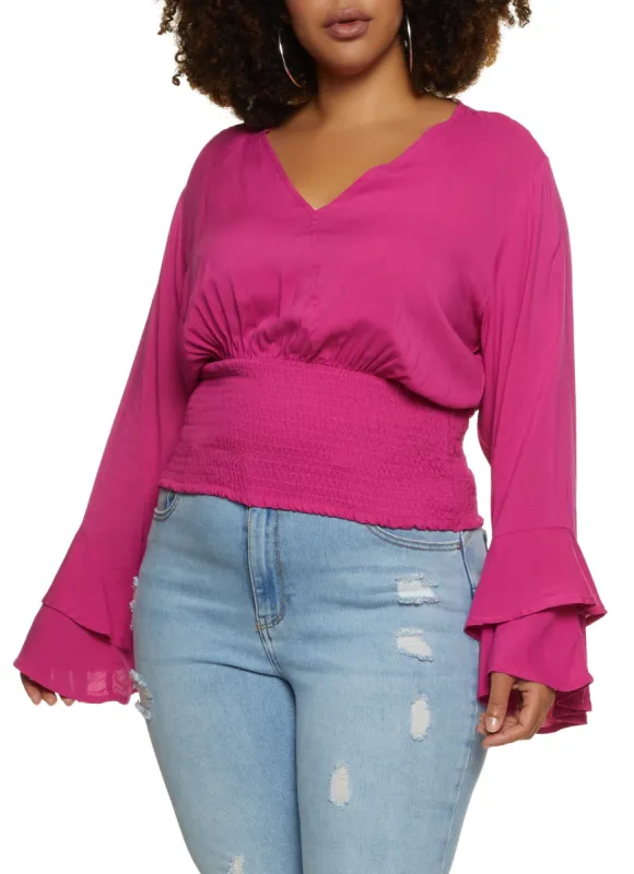 Plus Size Smocked Waist Faux Wrap Top sold by Rainbow