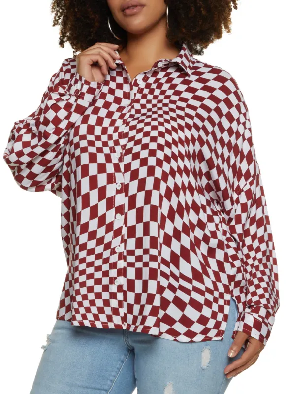 Plus Size Checkered Button Front Shirt sold by Rainbow